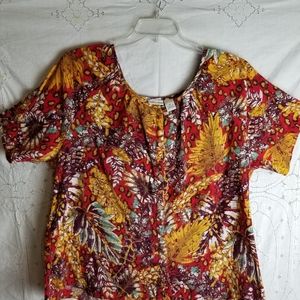 Button front blouse, tropical, golden,red 3x